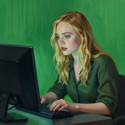 Elle Fanning hacking a computer, matrix style, dramatic green lighting, oil painting