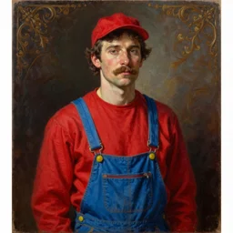 a portrait of a man with a mustache wearing a long - sleeved red shirt, art by mark ryden, a pair of blue overalls with yellow buttons, and a red cap, oil on canvas, ornate details, unreal engine,