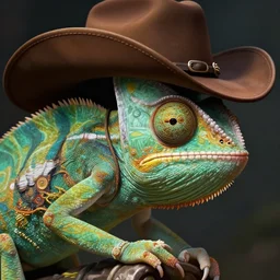 a chameleon wearing a cowboy hat, closeup, D&D, fantasy, intricate, elegant, highly detailed, digital painting, artstation, concept art, matte, sharp focus, illustration, hearthstone, art by Artgerm and Greg Rutkowski and Alphonse Mucha