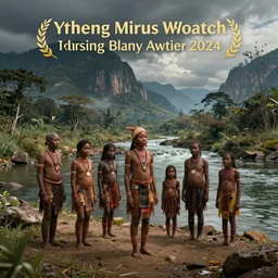 a unique native tribal family standing on the banks of a river fantasy concept art detailed high resolution