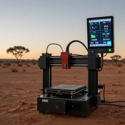 telemetry hud for industrial house printer, in the australian desert,  XF IQ4, 150MP, 50mm, F1.4, ISO 200, 1/160s, dawn