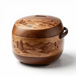 carved wooden rice cooker, professional product shot, isolated on a pure white background, centered, entire object in frame, sharp focus, soft studio lighting
