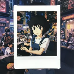 a full body polaroid portrait of a disney's 1 9 8 0's short hair girl working at a vinyl stall, finely detailed features, closeup at the faces, busy cyberpunk city, gapmoe yandere grimdark, trending on pixiv fanbox, painted by makoto shinkai takashi takeuchi studio ghibli!, akihiko yoshida, ( ilya kushinov )