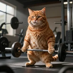 a muscular ginger cat at the gym lifting weights, photorealistic,