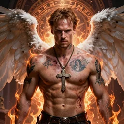 Sam Winchester as a half-muscular half-blood angel with a big cross pendant and religious tattoos on chest and neck, stained and bleeding, magic overlays, magic flames, open portal with runes in the background, romance book cover style, D&D illustration style, (octane render) fantasy style, sharp focus, ultra detailed, art by Artgerm and Peter Andrew Jones, Ayami Kojima, Amano and Olivier Ledroit