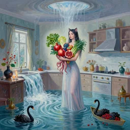 tall female catgirl artist holding vegetables in her flooded kitchen, pomegranates, octopus, water gushing from ceiling, painting of flood waters inside an artist's apartment, a river flooding indoors, candles, ikebana, zen, rapids, waterfall, black swans, canoe, berries, acrylic on canvas, surrealist, by magritte and monet