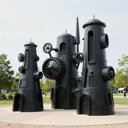 strange overly complex black sculptures with a steampunk architectural aesthetic outside at the storm king sculpture park