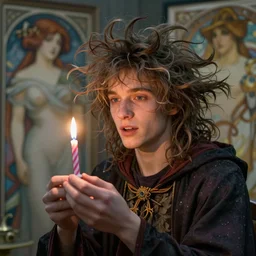 a yound deshelved wizard with crazy hair blowing out his birthday candles, art by artgerm and greg rutkowski and alphonse mucha, concept art, octane render, unreal engine 5, highly detailed, high quality, 8 k, soft lighting, realistic face, path traced