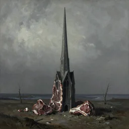 a melancholy spire of meat in a desolate landscape, painted by zdzislaw beksinski,