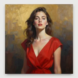 abstract matte portrait painting of a woman in a red dress by jimmy law, highly detailed, smooth, sharp focus, golden ratio, dramatic illumination w - 7 6 8