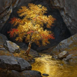 A beautiful, highly detailed, very realistic oil painting of a single tree with lots of golden and red leaves, next to a small river made of pure gold in the middle of a huge, very dark cave, with lots of dark grey rocks, oil painting by Greg Rutkowski.