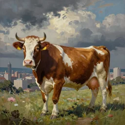 a painting of a cow standing in front of a city, an ultrafine detailed painting by john backderf, trending on deviantart, pop surrealism, surrealist, dystopian art, art on instagram