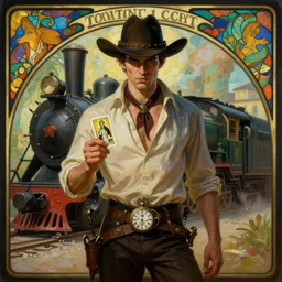 a dramatic ethereal epic symmetrical painting of a handsome villainous cowboy standing in front of a steam train locomotive, his shirt is unbuttoned and he has a pocketwatch, tarot card, art deco, art nouveau, ( steampunk ), homoerotic, realistic, by louis comfort tiffany and alphonse mucha, trending on artstation