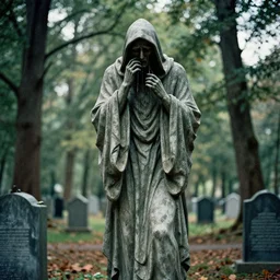 weeping grim reaper statue in graveyard surrounded by beautiful forest, grainy film photo, cgsociety, octane render, trending on artstation, artstationHD, artstationHQ, unreal engine, 4k, 8k