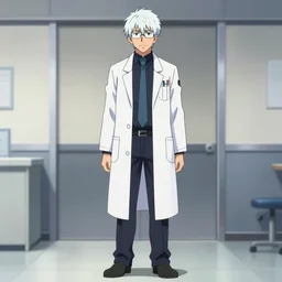 full body anime portrait of a man with white hair wearing white glasses dressed in a lab coat, cinematic