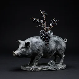 sculpture of a pig and blackberries, ikebana, photorealistic, centred, black background, obsidian and glass and pumice, zen, trending on artstation