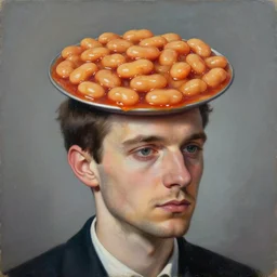 pseudo, metaphoric painting of a man with baked beans on his head by jonathan solter, featured on reddit, assemblage, mixed media, strange, stunning