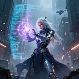 cyberpunk android sorcerer casting a magical spell inside a simulation, magic lines of code in the air, special effects, beautiful girl, white hair, cinematic lighting, atmosphere, sparks, energy, digital world, highly detailed, futuristic street, flying drones, foggy weather, apartments, artstation, art by eddie mendoza and leif heanzo