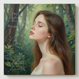 detailed painting of a dreamy woman in a romantic forest with mathematical drawings of geometrical networks, detailed realistic face, zoomed out, 4 k, by waterhouse, mucha, klimt