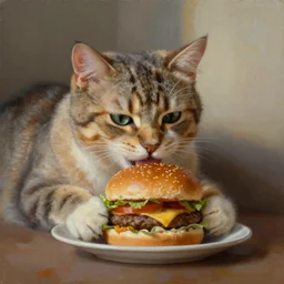 painting of a cat eating a cheeseburger