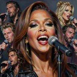 a mixed media portrait painting of shirley bassey singing with great power, hyperrealistic, detailed face, by frank frazetta, greg rutkowski, christian macnevin, wlop, krenz cushart, epic fantasy character art, volumetric lighting, cgsociety, exquisite detail, masterpiece, cinematic