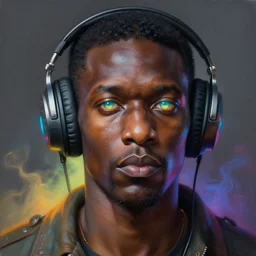 a baroque neoclassicist close - up portrait of a black man wearing futuristic headphones, glowing eyes. reflective detailed textures. glowing colorful fog, dark grey background. highly detailed fantasy science fiction painting by moebius, norman rockwell, frank frazetta, and syd mead. rich colors, high contrast. artstation