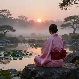 ant view of a zen master in a beautiful pink and red kimono quietly sitting in a rock garden overlooking a pond of lilly pads during a sublime sunrise, one sun, his dark silhouette completely obscured by mist and fog, colorful masterpiece photography,