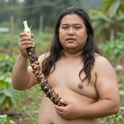 a photo of a portly man with long hair holding a 1 0 m long yam