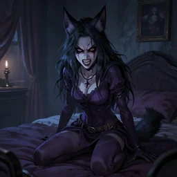 werewolf girl in a dark bedroom, anthro, fierce, creepy