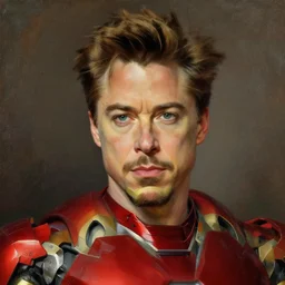 Bouguereau painting .close up of attractive robert downey tony stark.wearing iron man armor