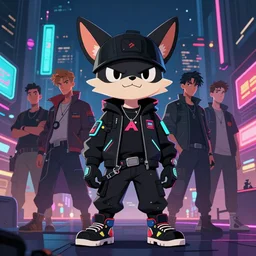 anthropomorphic coyote character wearing black cyberpunk skater clothes with neon highlights in a cyberpunk city at night. Renowned character illustration by greg rutkowski, thomas kindkade, alphonse mucha, loish, norman rockwell. Trending on artstation 4k.