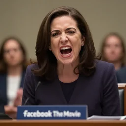 Movie still of a snarling, disrespectful Sheryl Sandberg testifying in Congress in Facebook The Movie (2017), directed by Steven Spielberg