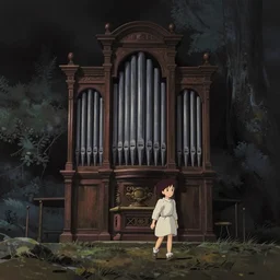 howls moving pipe organ walks over a dark landscape, ghibli film style