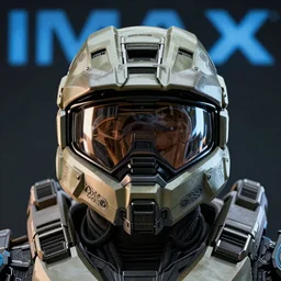Symmetrical helmet of master chief from HALO with exquisite ornate details, stunning lighting, highly detailed, ultra realistic, octane render, IMAX