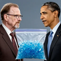 Walter White and Obama staring at a ziploc bag full of crystal blue meth