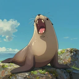 insane screaming california sea lion, studio ghibli style, trending on artstation