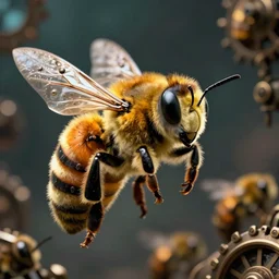 a close up of a steampunk bee by greg rutkowski, sung choi, mitchell mohrhauser, maciej kuciara, johnson ting, maxim verehin, peter konig, 8 k photorealistic, cinematic lighting, hd, high details, dramatic, atmosphereric, trending on artstation
