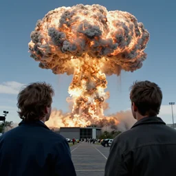 Jamie Hyneman and Adam Savage from Mythbusters watching a nuclear mushroom cloud, photo taken from behind
