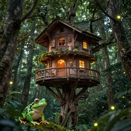 a beautiful treehouse, fireflies, thick florest, fantasy art by greg rutkowski, masterpiece, depth of field, frog, trending on artstation, devianart, cgsociety