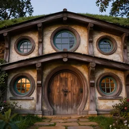 low angle front facing view of hobbiton architecture with rounded windows, textured carved wood material, photorealistic, highly detailed, evening, unreal engine 5
