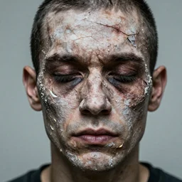 hyper realistic face of drug addict who’s face is crumbling due to horrible drug use