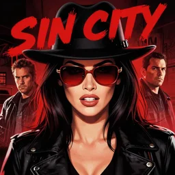 dream of a film still from sin city, closeup portrait of film noir angry megan fox private detective wearing a hat and red sunglasses, detailed illustration, digital art, trending on artstation, frank miller, martin ansin, action movie poster, dripping paint, red on black, patrick nagel!, graffiti, gta v,