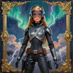 a detailed portrait painting of a Barbie doll bounty hunter in combat armour and visor. cinematic sci-fi poster. Flight suit and wires, accurate anatomy. Samurai influence, fencing armour. portrait symmetrical and science fiction theme with lightning, aurora lighting. clouds and stars. Futurism by beksinski carl spitzweg moebius and tuomas korpi. baroque elements. baroque element. intricate artwork by caravaggio. Oil painting. Trending on artstation. 8k