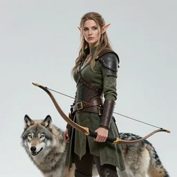 Photorealistic fantasy portrait of one single female D&D elf ranger holding a longbow.  A pet wolf.  Magical occult photorealism, UHD, amazing depth, glowing, golden ratio, 3D octane cycle unreal engine 5, volumetric lighting, cinematic lighting, cgstation artstation concept art