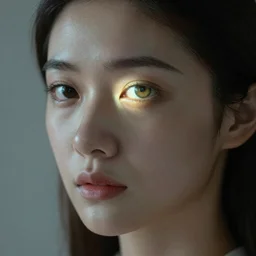 an asian woman. her eyes are glowing.