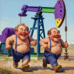 beautiful lifelike painting of the chuckle brothers running a purple and green oil derrick, hyperreal detailed facial features and uv lighting, art by ed roth and basil wolverton