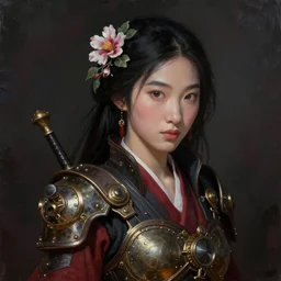 花 木 兰, steampunk, oil painting, darkness, paint texture, digital painting, highly detailed, artstation, sharp focus, illustration, concept art, ruan jia, charlie bowater, tom bagshaw, norman rockwell