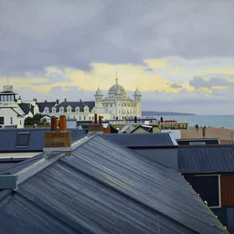rainy Brighton roof tops looking west, evening light,  painted by Wayne Thiebaud