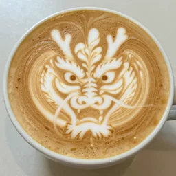 photo, asian dragon head as latte art, dragon face, fire breath