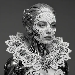 surreal black and white photo portrait of complex biomechanical isabelledeltore cyborg with a mandelbrot fractal metal fine lace face, silver hair, 1 5 0 mm lens, soft rim light, fine metal floral foliage super big lace collar, alexander mcqueen, high fashion, haute couture, rococo, steampunk, silver filigree details, anatomical, facial muscles, cable wires, microchip, elegant, hyper realistic, octane render, unreal engine, by man ray and dora maar, volumetric lighting, 8 k,